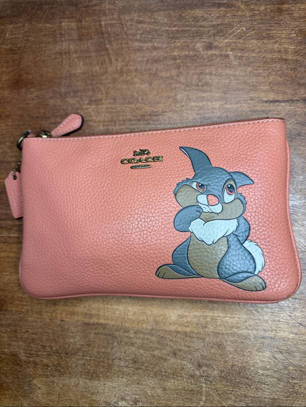 Coach x Disney Coral Pebble Leather Wristlet with Thumper Bambi